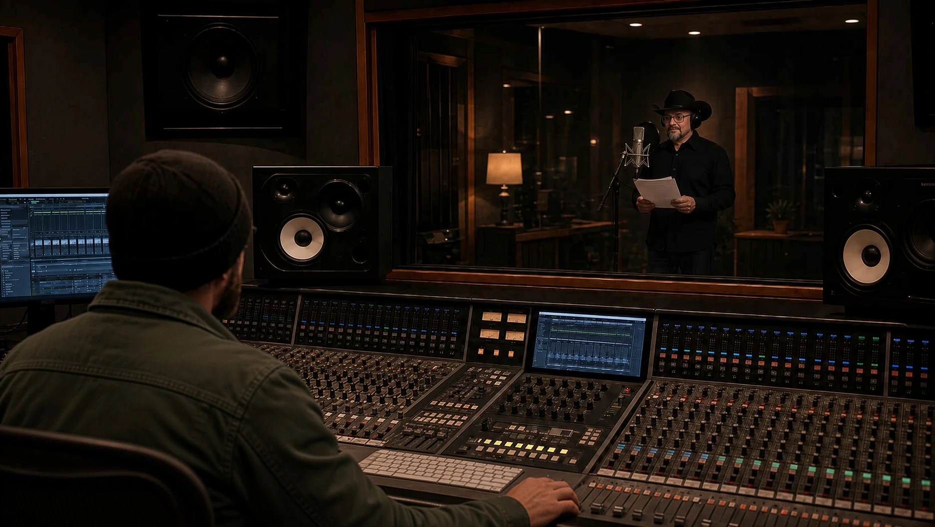 Chad Sanders recording in a studio booth with headphones, producer visible